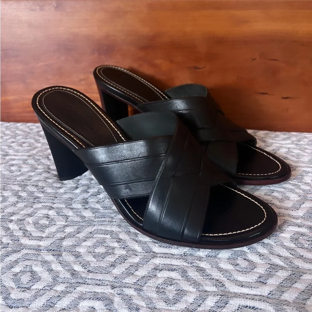 COLE HANN COUNTRY Black Leather Block Heel Slide Mule Sandals Size 8.5 - Picture 6 of 14
